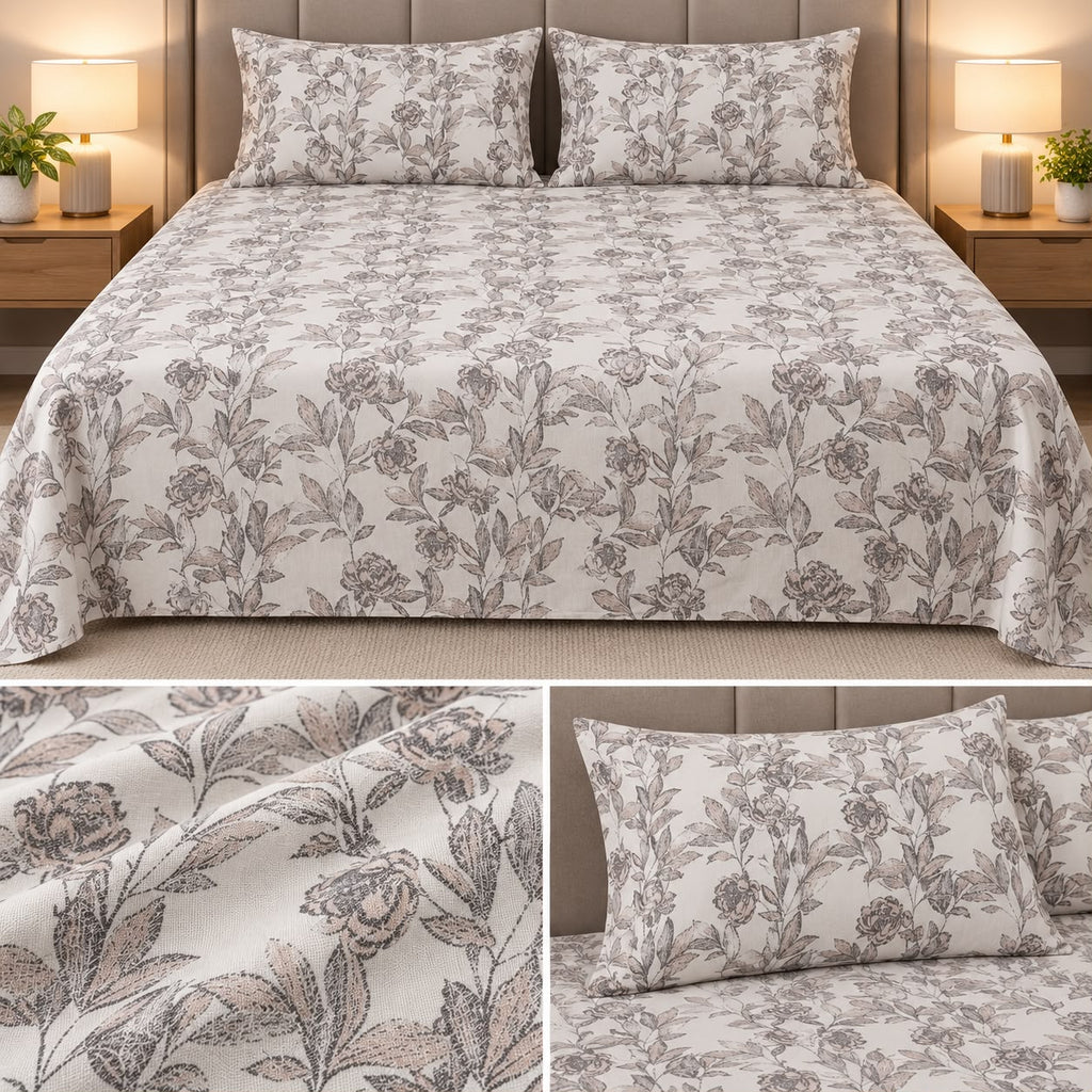 Premium English Botanical Floral Printed Bedsheet Set – King Size 3 Pcs