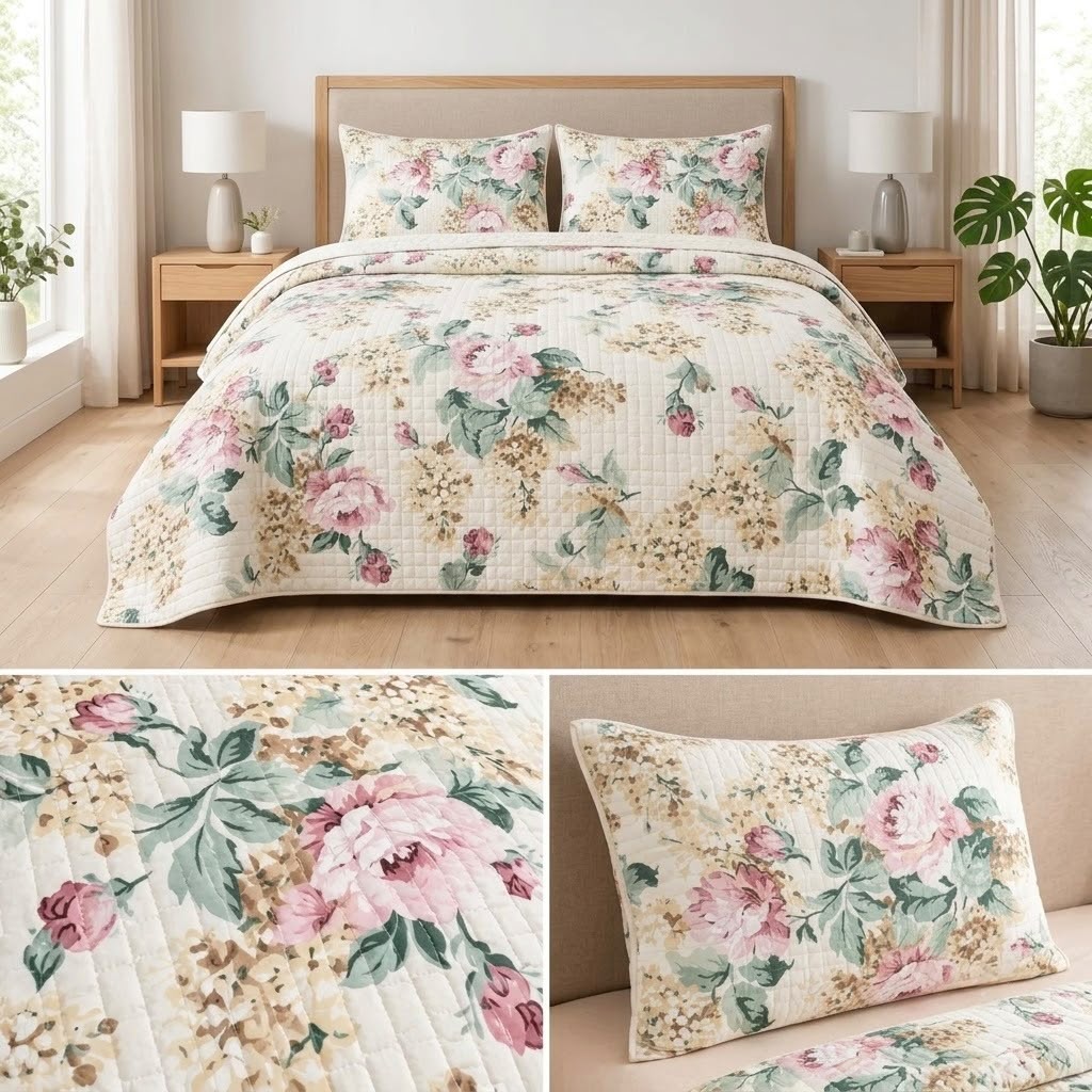 English Prints Quilted Bedcover with 2 Matching Pillow Covers – 3 Pcs Set