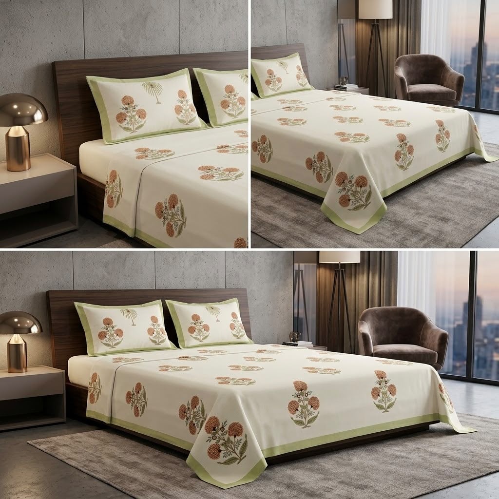 Heritage Block Print Cotton Bedsheet Set – King Size 3 Pcs