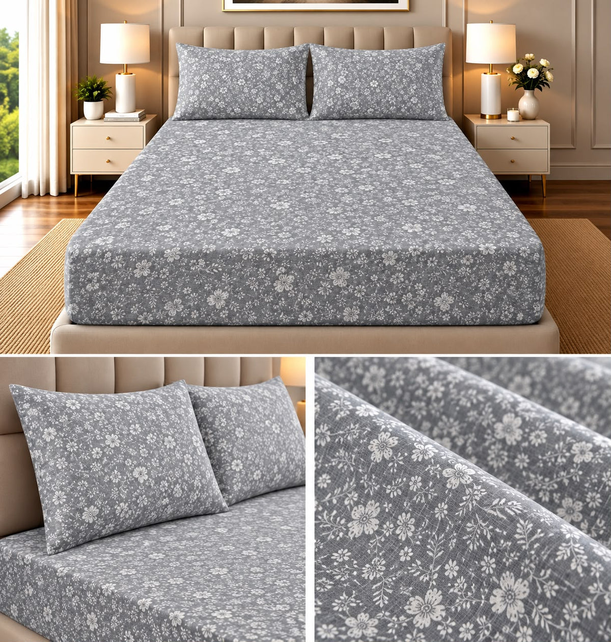Elegance Pure Cotton King Size Fitted Bedsheet – 3 Piece Set with 2 Pillow Covers