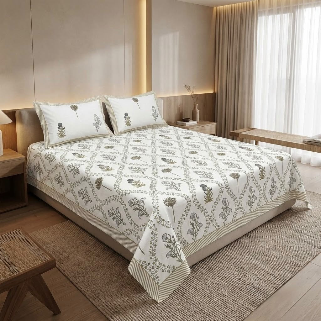 Heritage Block Print Cotton Bedsheet Set – King Size 3 Pcs
