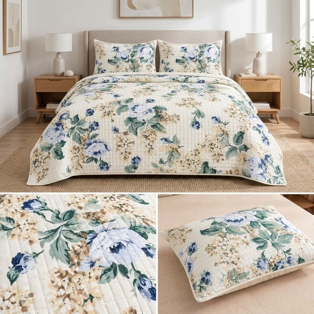 English Prints Quilted Bedcover with 2 Matching Pillow Covers – 3 Pcs Set