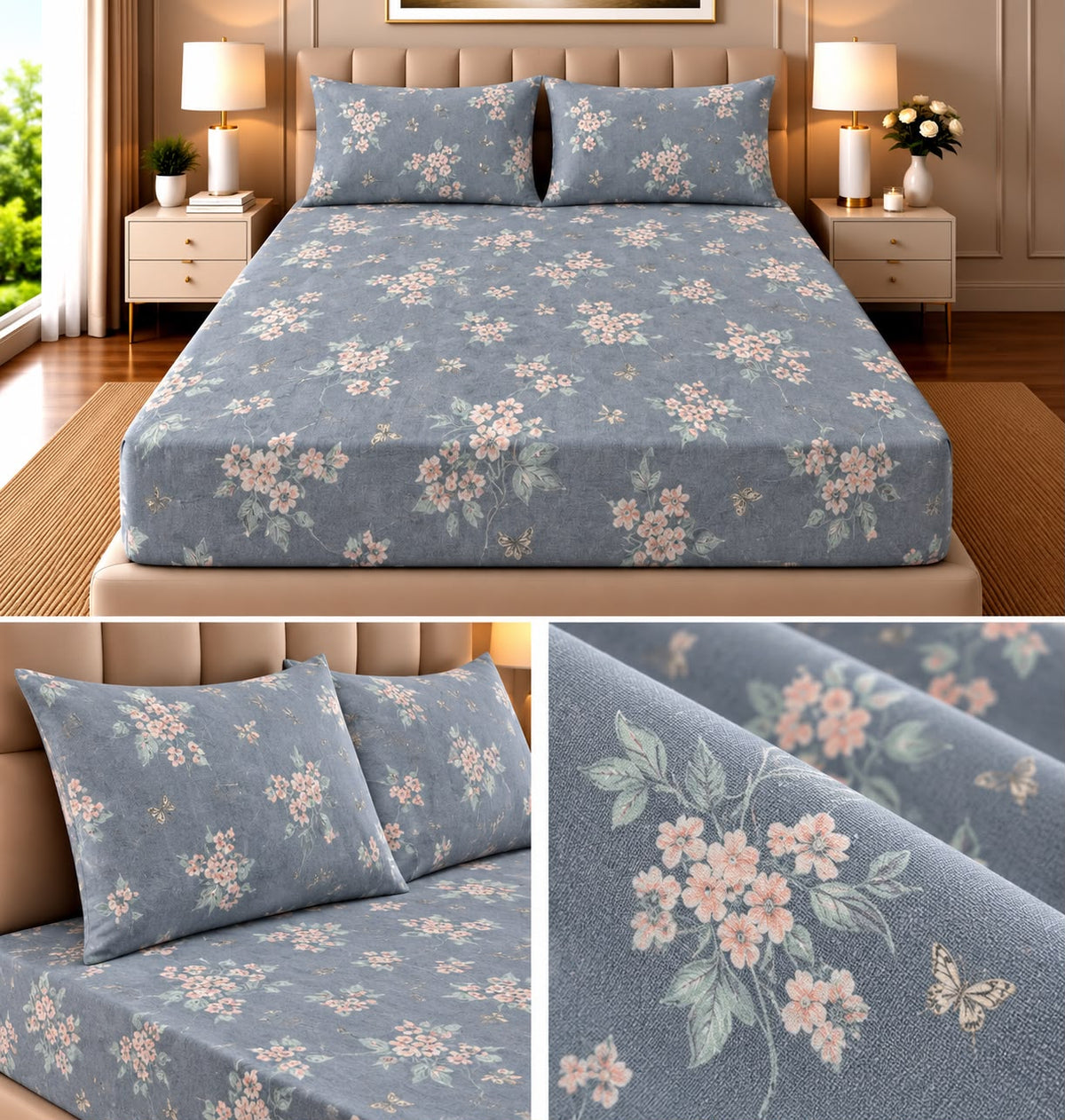 Elegance Pure Cotton King Size Fitted Bedsheet – 3 Piece Set with 2 Pillow Covers