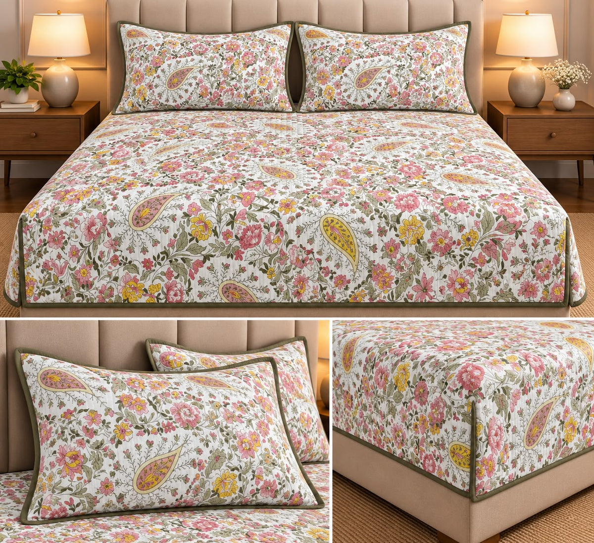 Vintage Bloom Quilted Bedcover Set – King Size 3 Pcs 100 % Pure Cotton