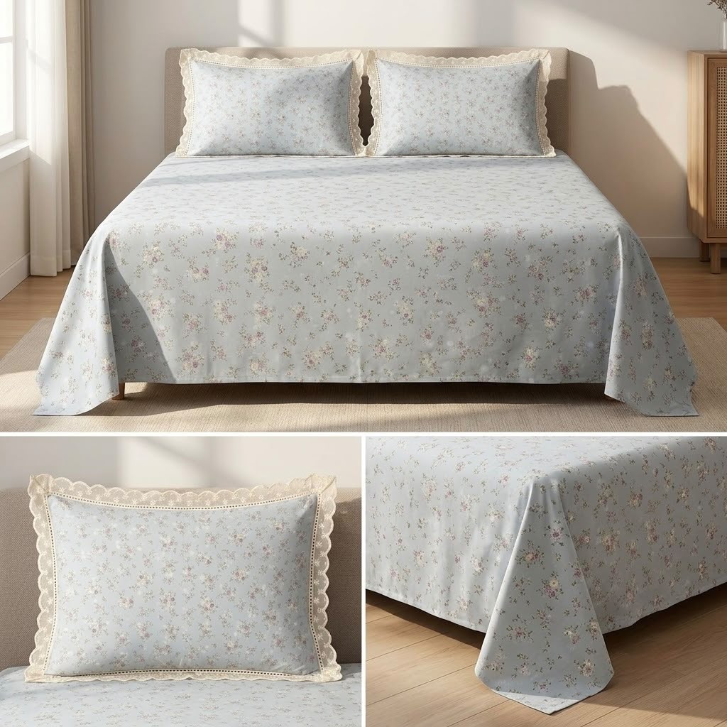 Premium 300 TC Pure Cotton Bedsheet Set with Designer Lace Pillow Covers – King Size 108 x 108 Inch
