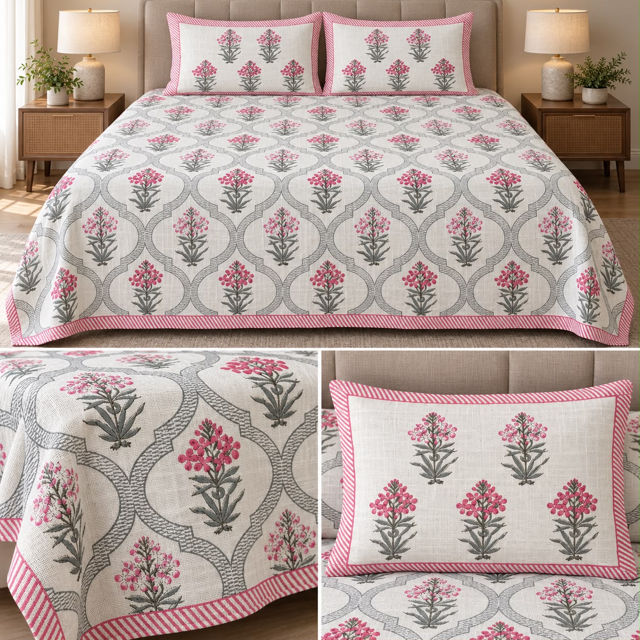 Soft Khadi Floral Bedcover Set – 3 Pcs | Elegant Traditional Print