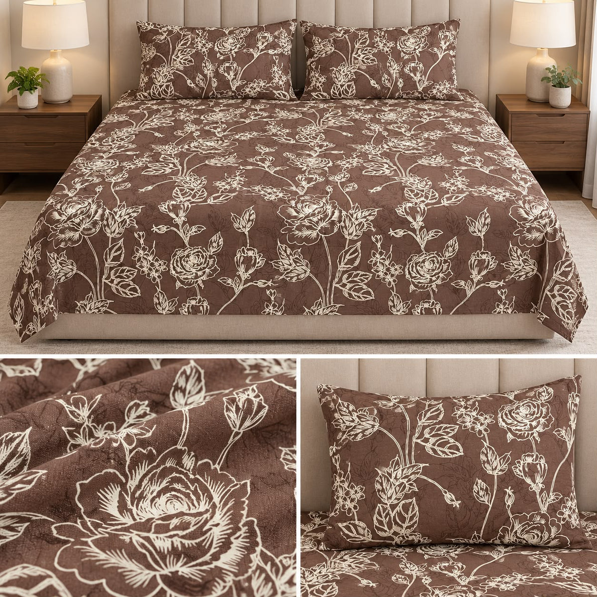 Midnight Bloom Premium Pure Cotton Floral Bedsheet Set – Jumbo King Size 3 Pcs (122 × 122 Inches)
