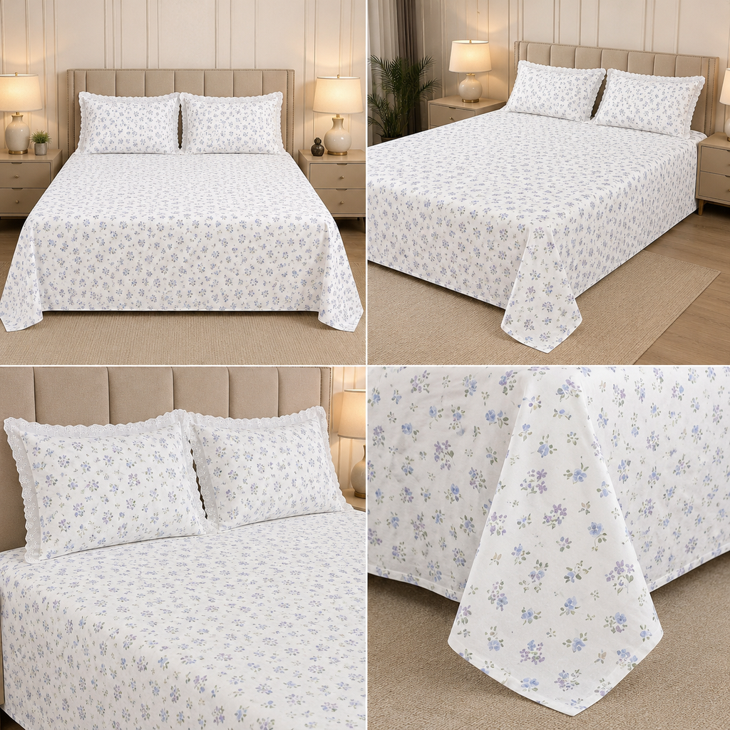 English Floral Print King Size Bedsheet with Lace Pillow Covers – 250 × 270 cm