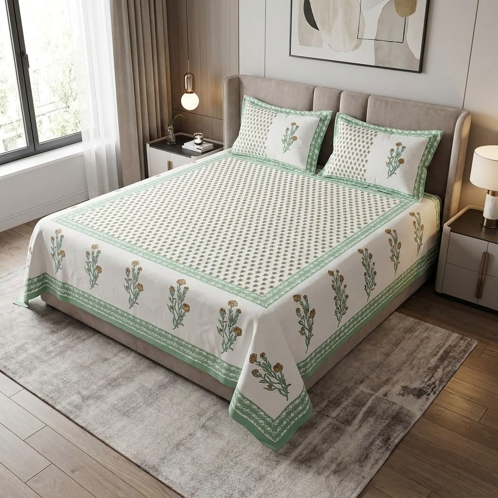 Heritage Block Print Cotton Bedsheet Set – King Size 3 Pcs