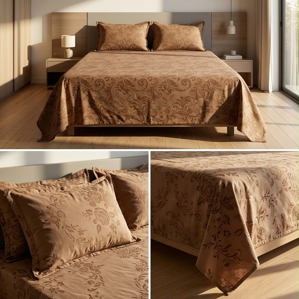 Warm Embossed Rose Floral Fitted Bedsheet Set – King Size (3 Pcs)