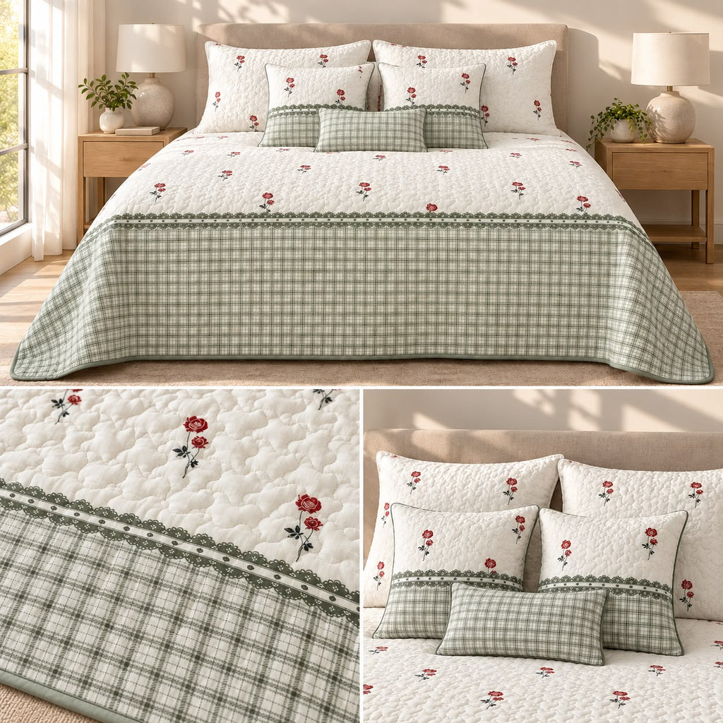 English Cottage Rose Luxury 9Pcs Quilted Bedcover Set – Floral & Gingham Collection