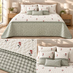 English Cottage Rose Luxury 9Pcs Quilted Bedcover Set – Floral & Gingham Collection