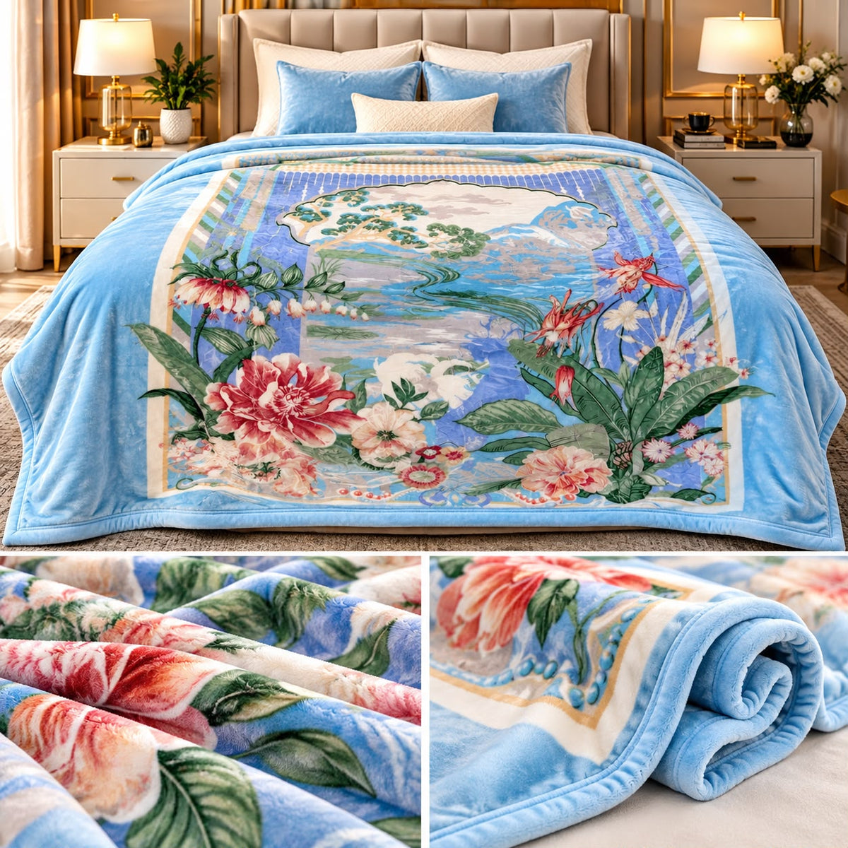 Serene Garden Landscape Plush Winter Blanket – Double Bed | Luxury Floral Scenic Print