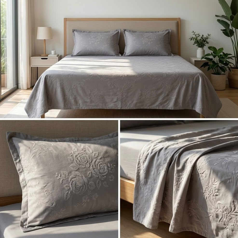 Warm Embossed Rose Floral Fitted Bedsheet Set – King Size (3 Pcs)