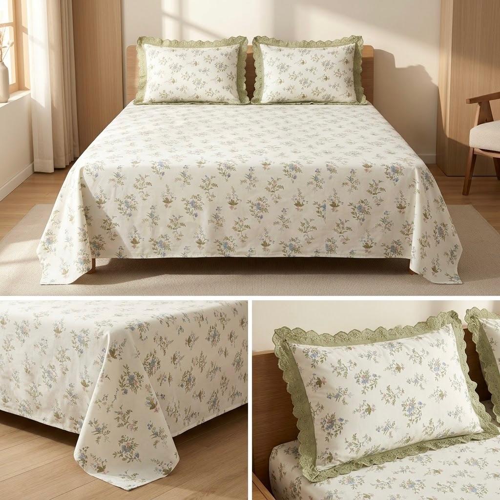Pure Cotton Floral Bedsheet Set with Elegant Lace-Frilled Pillow Covers – King Size (108 × 108 Inches)