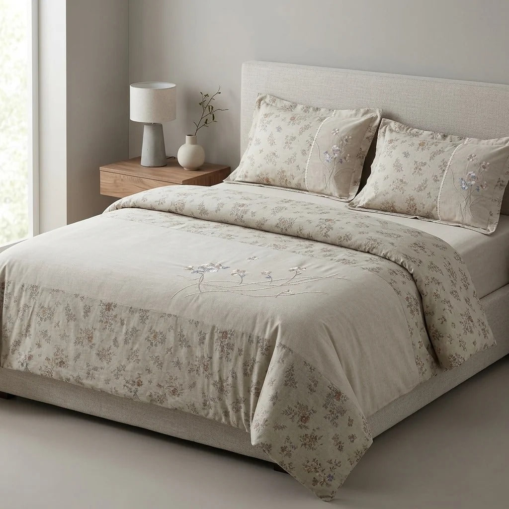 Serene Bloom Luxe Linen Cotton 4-Piece Comforter Set – Premium Embroidered Bedding Collection Product Code :- 55B525RKEH