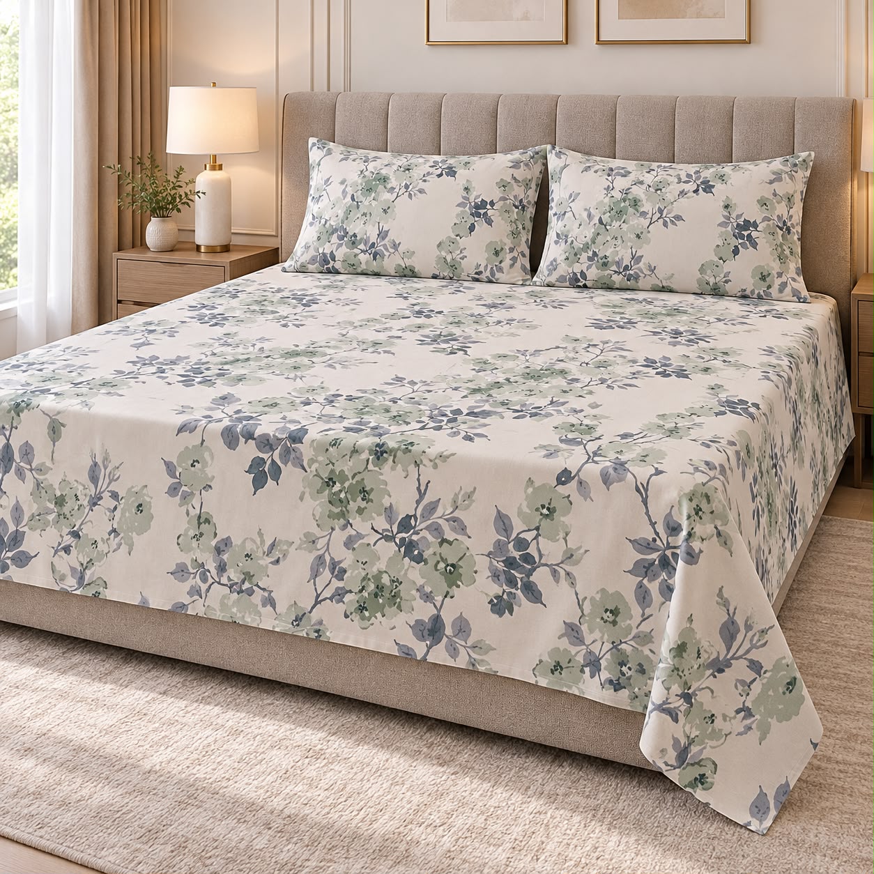 Premium English Botanical Floral Printed Bedsheet Set – King Size 3 Pcs