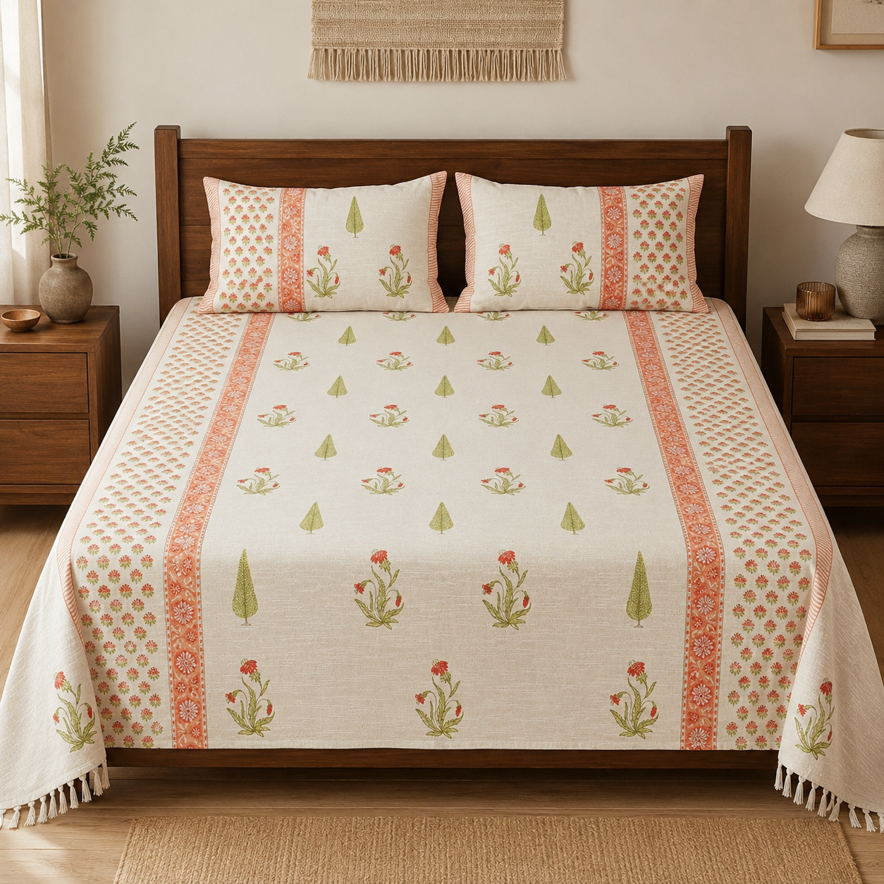 ✨ Pure Khadi Tassels Bedcover – King Size (108 × 108 Inches) ✨