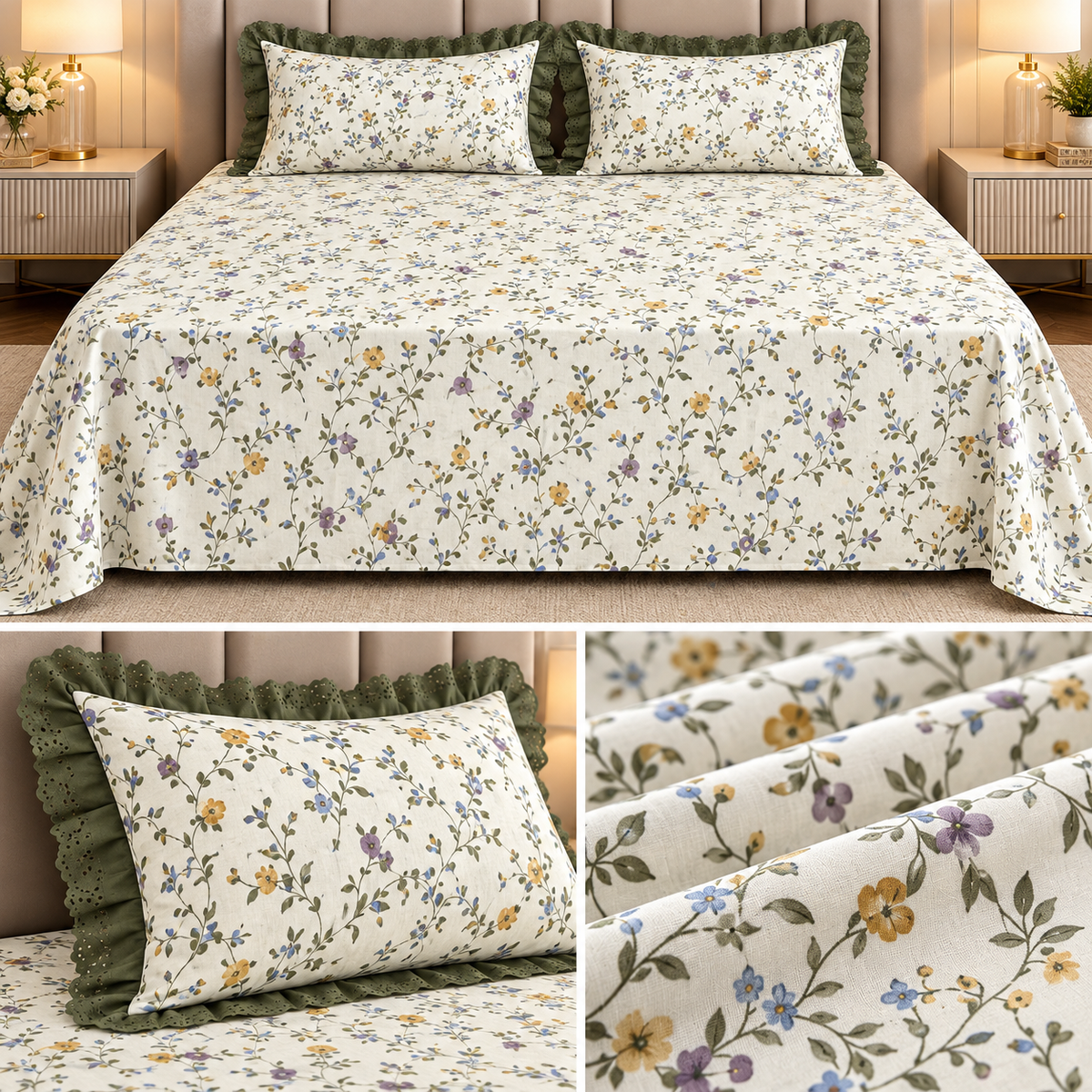 English Garden Premium Cotton Floral Bedsheet Set with Designer Lace Pillow Covers – 108 x 108 Inch