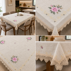 Premium Rose Embroidered Dining Table Cover – 6 Seater | 60 × 90 Inches | Elegant Lace Border