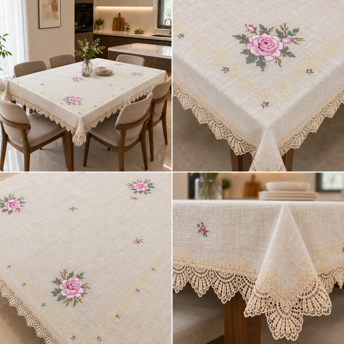 Premium Rose Embroidered Dining Table Cover – 6 Seater | 60 × 90 Inches | Elegant Lace Border