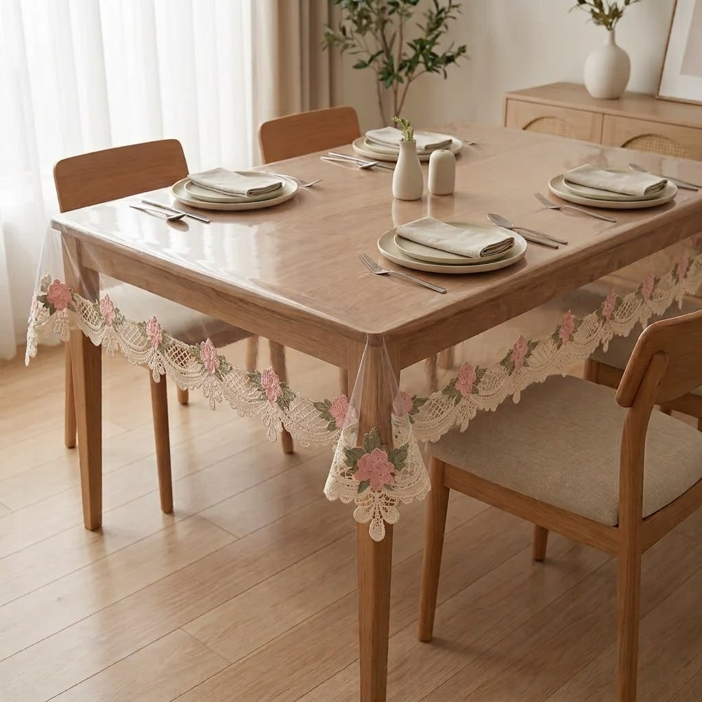 ✨ Transparent French Lace Dining 6 Seater Table Cover – Premium Quality ✨ Product Code :- 55B165RKEH