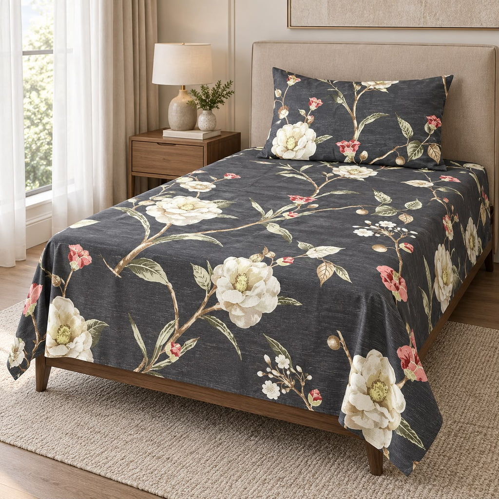 Printed Single Bedsheet Set – 2 Pcs (1 Bedsheet + 1 Pillow Cover) 100 % Pure Cotton