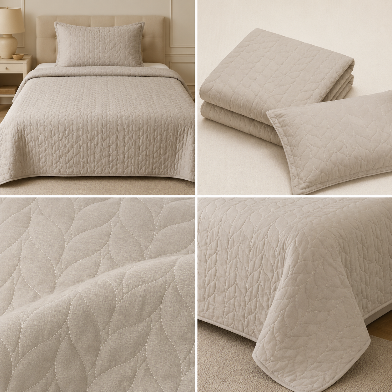 Plain King Size Quilted Bedcover with 2 Matching Pillow Covers – Elegant Leaf Stitch Design | Product Code :- 55B145RKEH