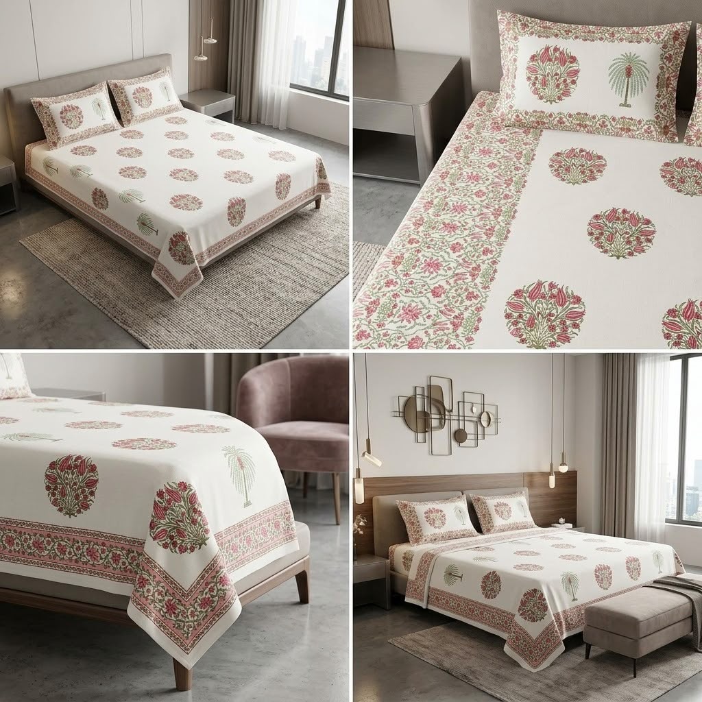 Heritage Block Print Cotton Bedsheet Set – King Size 3 Pcs