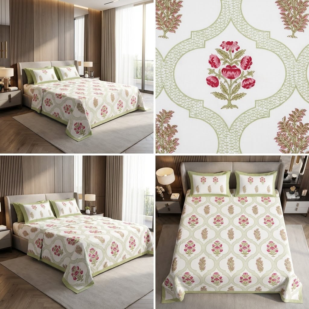 Heritage Block Print Cotton Bedsheet Set – King Size 3 Pcs