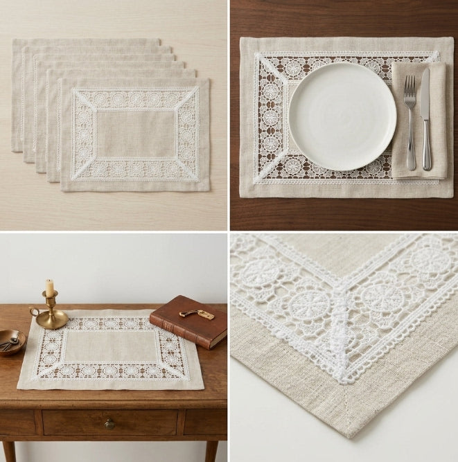 Luxury Linen Lace Table Mats – Set of 6