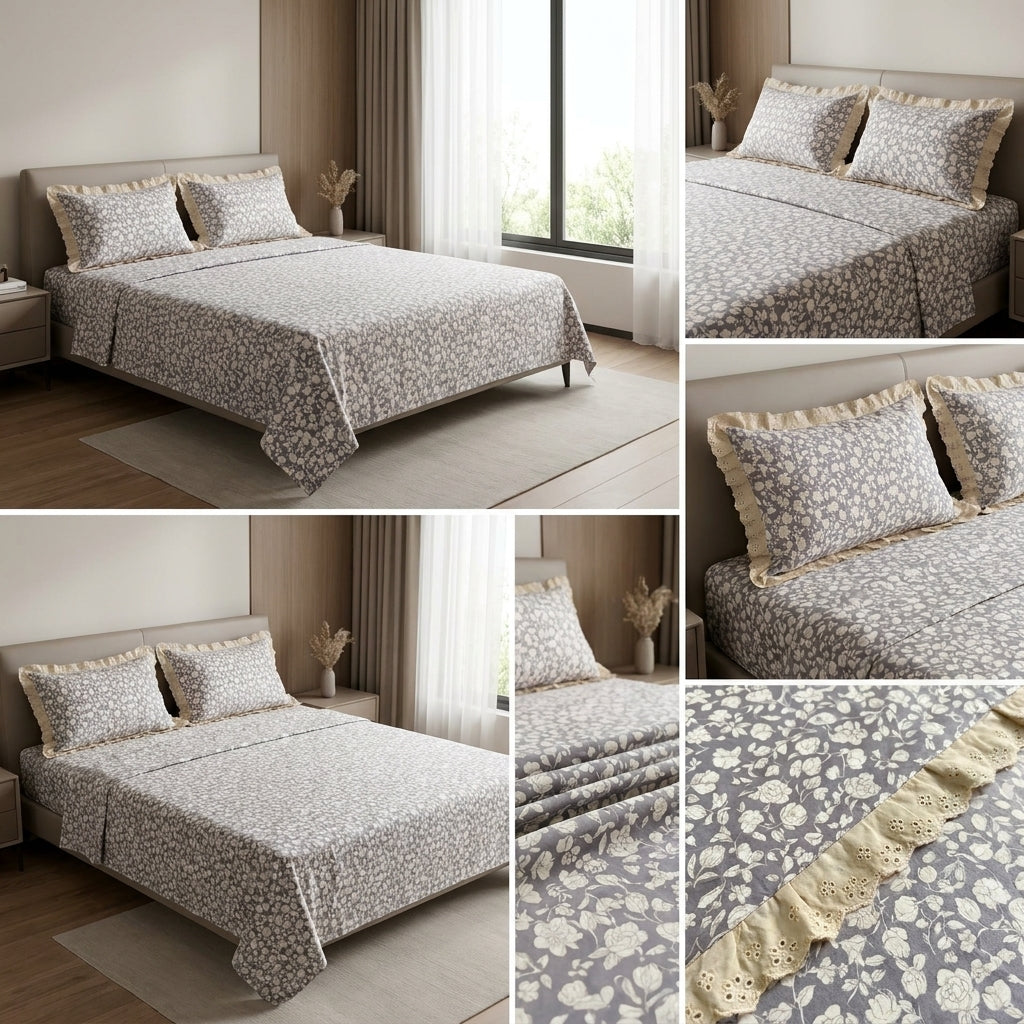 Pure Cotton Bedsheet With Chicken Lace Pillow Covers 108 x 108 inch