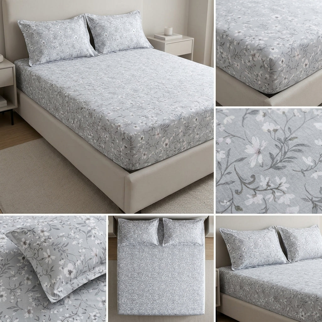 Pure Cotton Printed Fitted Bedsheet Set with 2 Pillow Covers