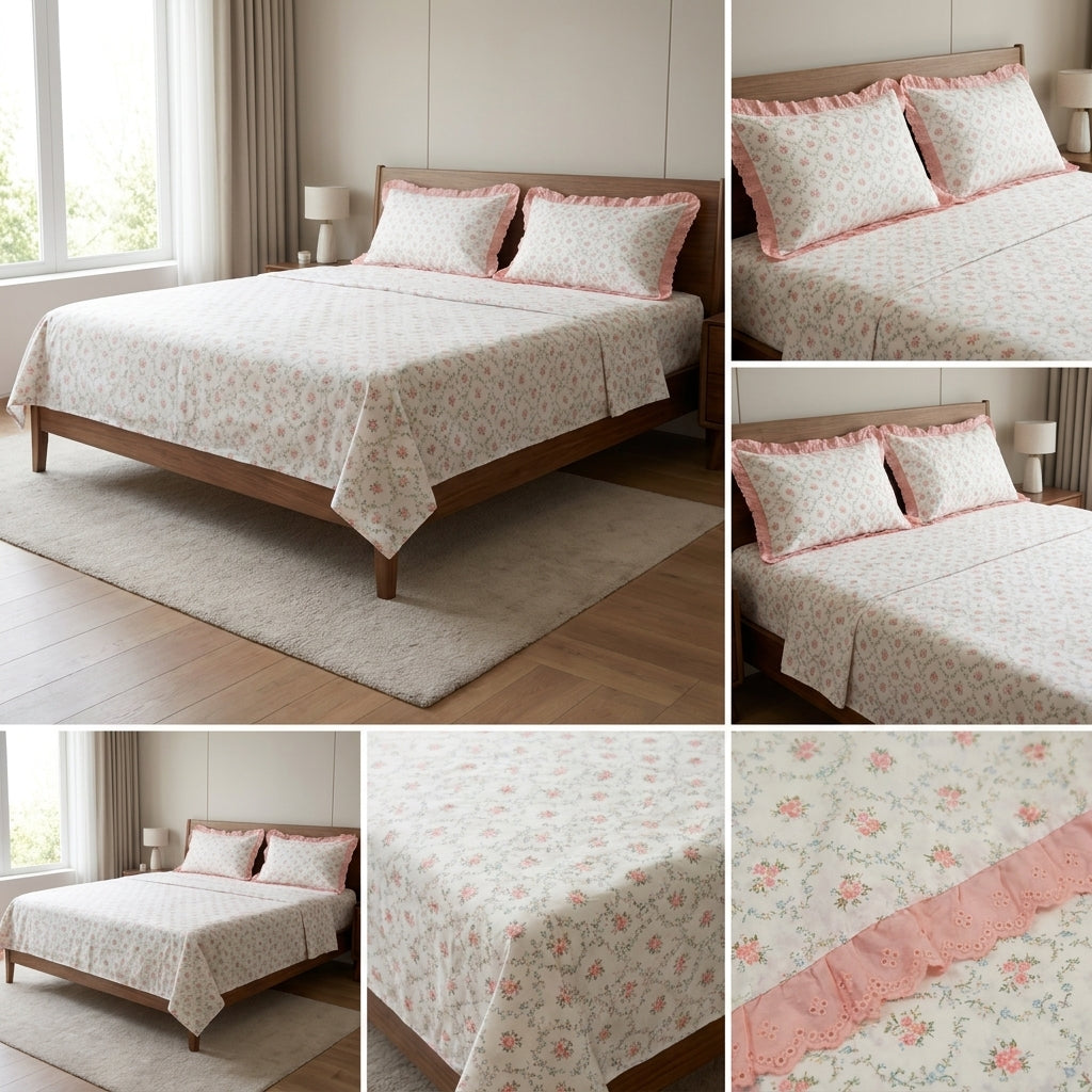 Pure Cotton Bedsheet With Chicken Lace Pillow Covers 108 x 108 inch