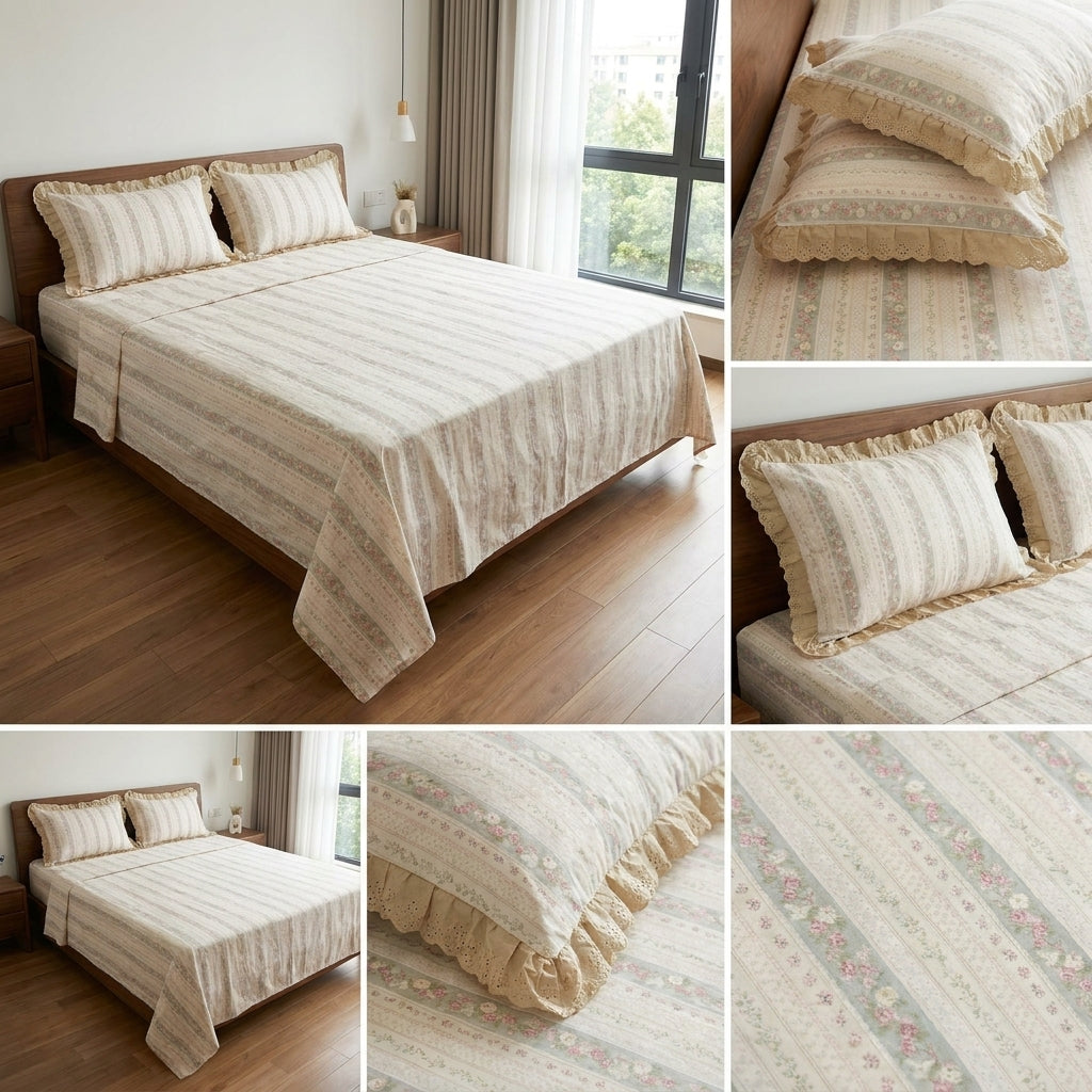 Pure Cotton Bedsheet With Chicken Lace Pillow Covers 108 x 108 inch