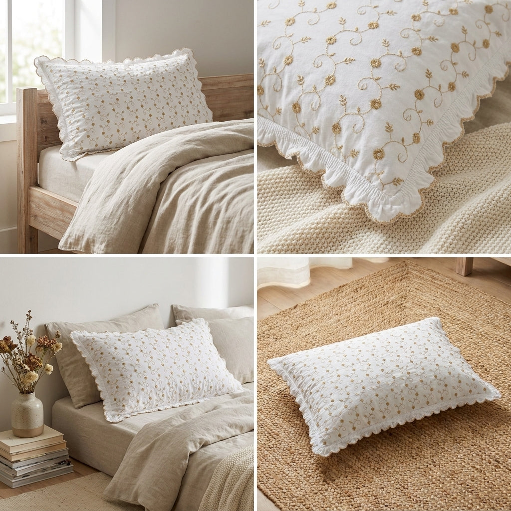 Embroidered Frill Pillow Cover Pair – Elegant Floral Design