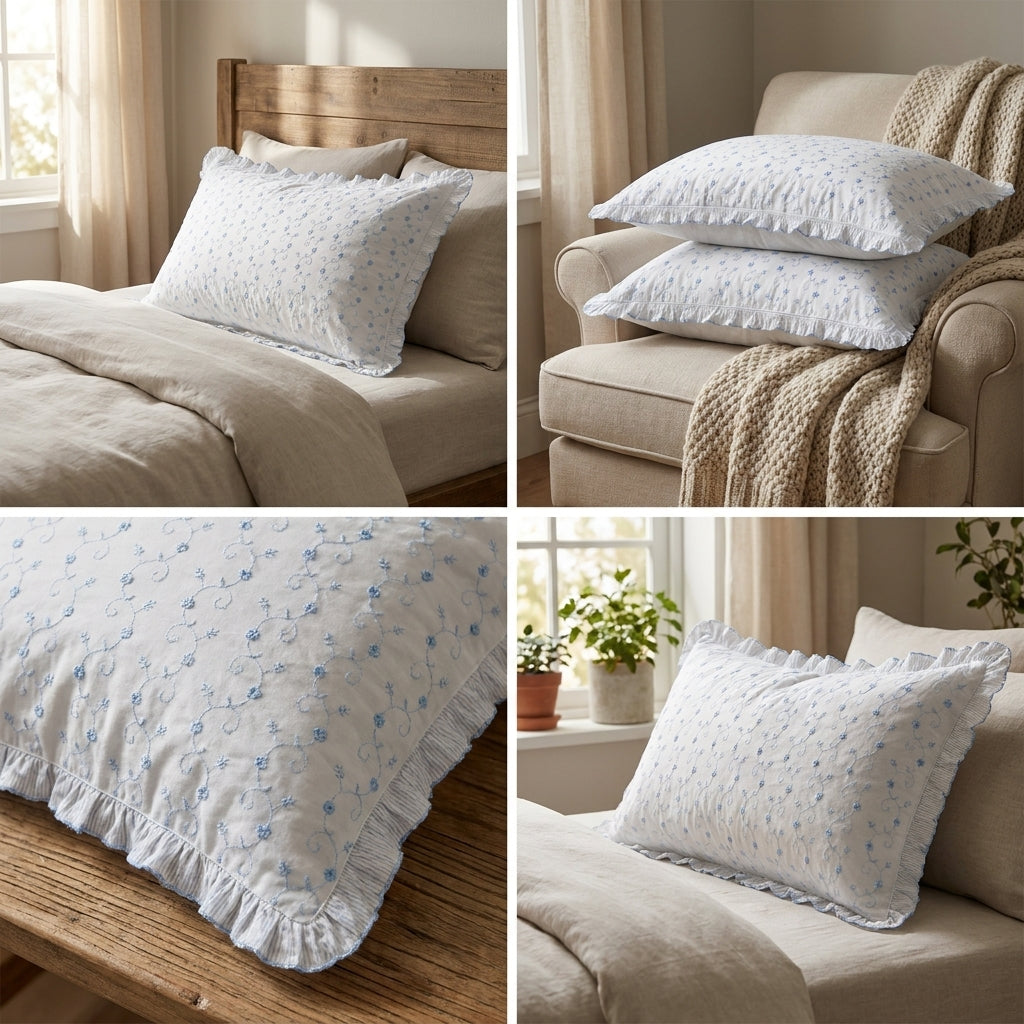 Embroidered Frill Pillow Cover Pair – Elegant Floral Design