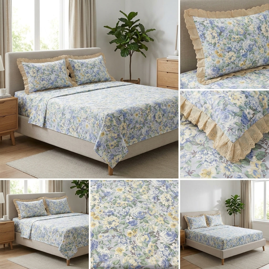 Pure Cotton Bedsheet With Chicken Lace Pillow Covers 108 x 108 inch