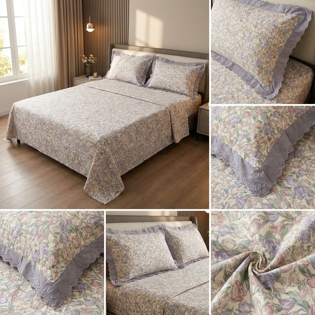 Pure Cotton Bedsheet With Chicken Lace Pillow Covers 108 x 108 inch