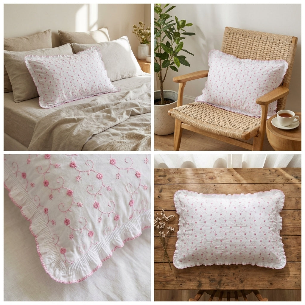 Embroidered Frill Pillow Cover Pair – Elegant Floral Design