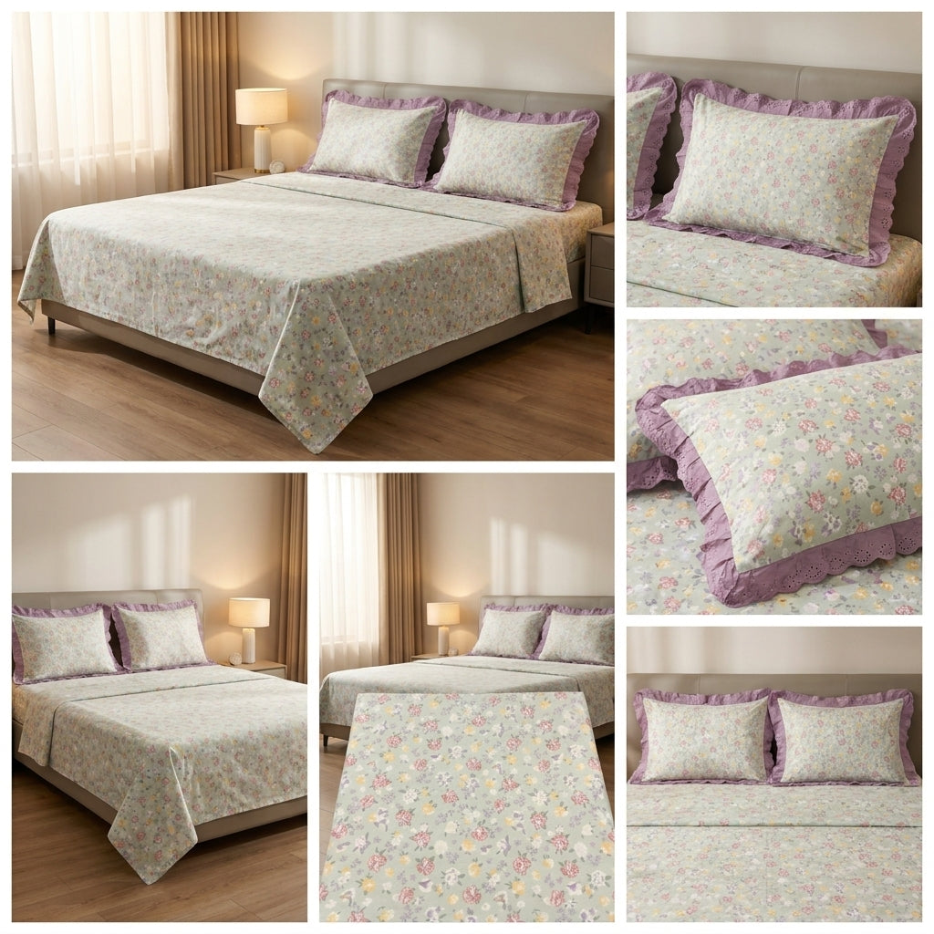 Pure Cotton Bedsheet With Chicken Lace Pillow Covers 108 x 108 inch