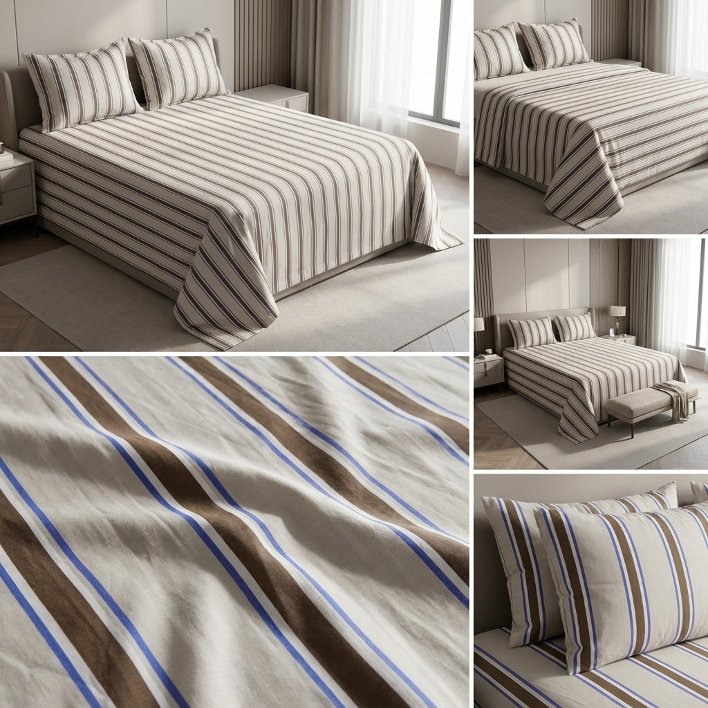 100% Pure Cotton Super King Size Bedsheet with 2 Pillow Covers – Premium Luxury Stripe Design (108 x 108 Inches)