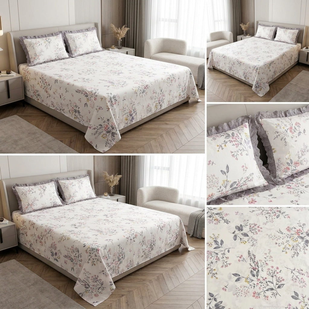 Pure Cotton Bedsheet With Chicken Lace Pillow Covers 108 x 108 inch