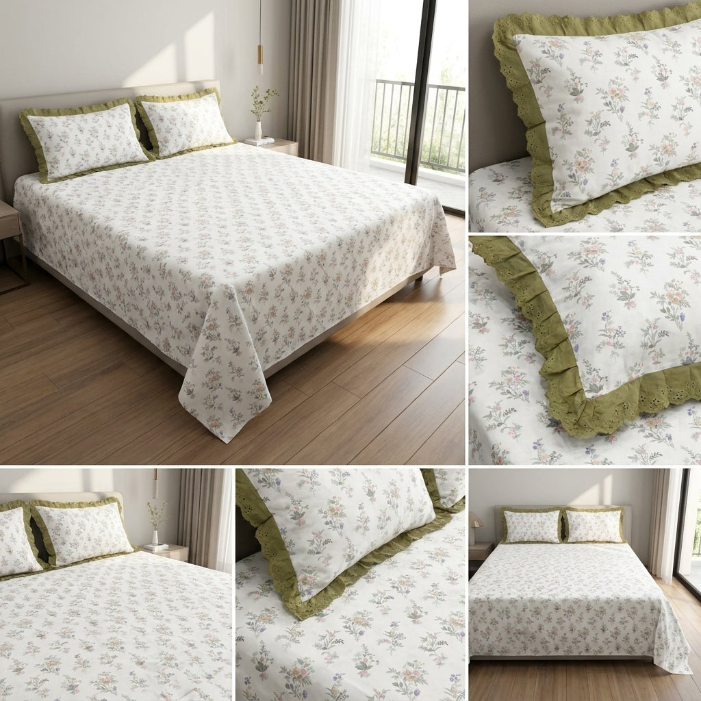 Pure Cotton Bedsheet With Chicken Lace Pillow Covers 108 x 108 inch