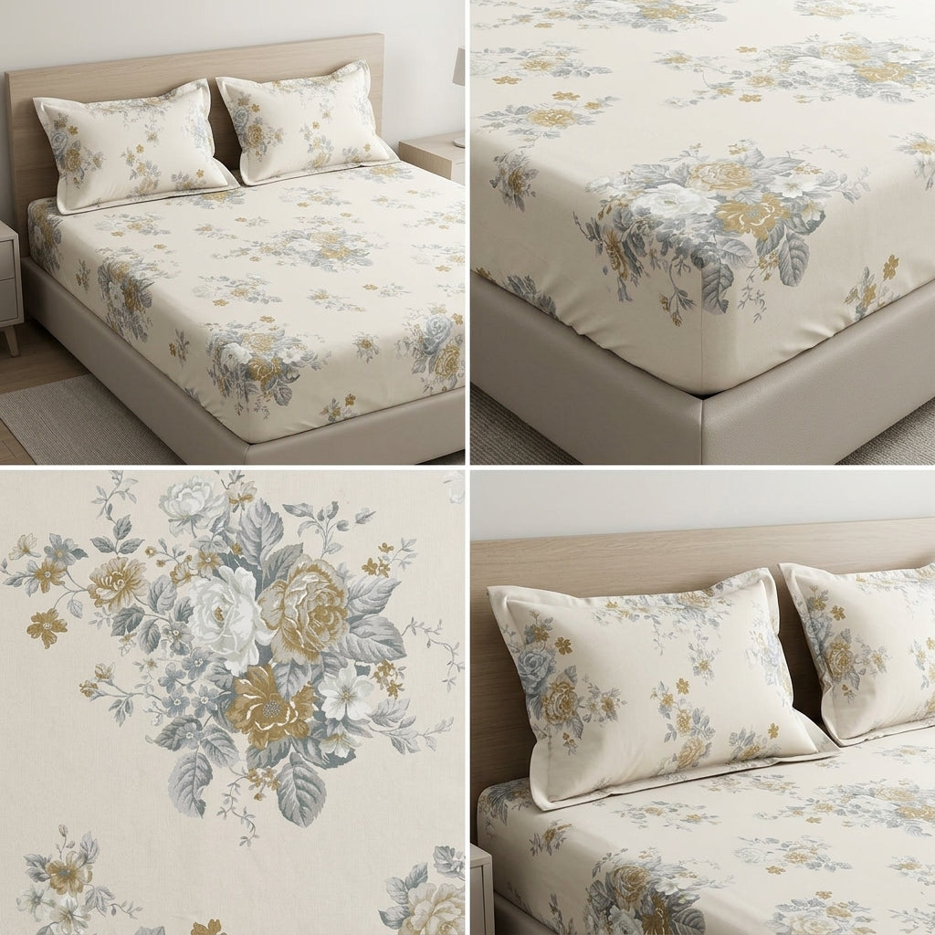 Pure Cotton Printed Fitted Bedsheet Set with 2 Pillow Covers