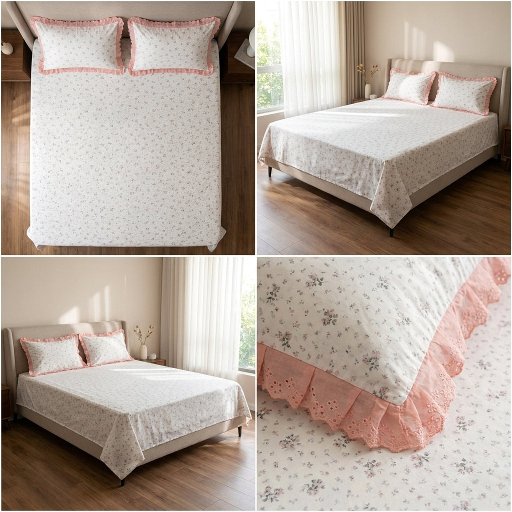 Pure Cotton Bedsheet With Chicken Lace Pillow Covers 108 x 108 inch