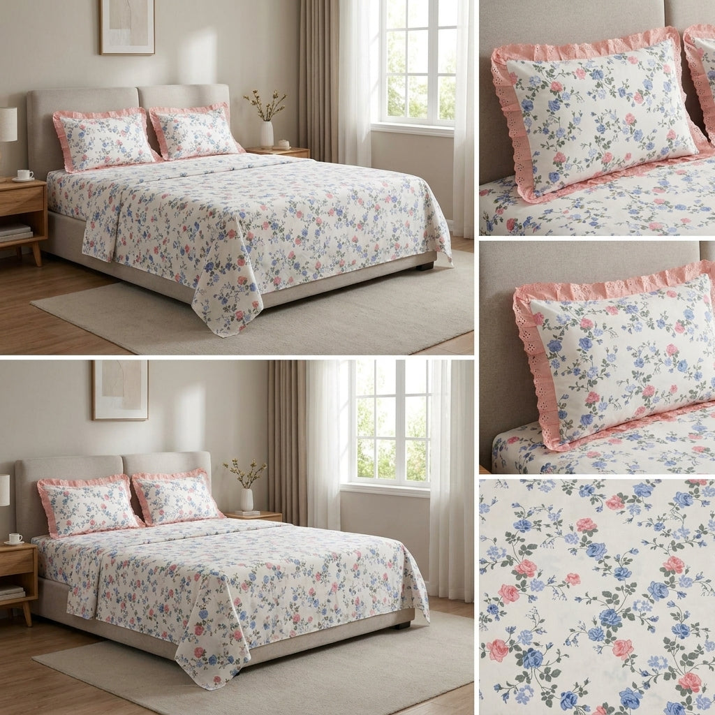 Pure Cotton Bedsheet With Chicken Lace Pillow Covers 108 x 108 inch