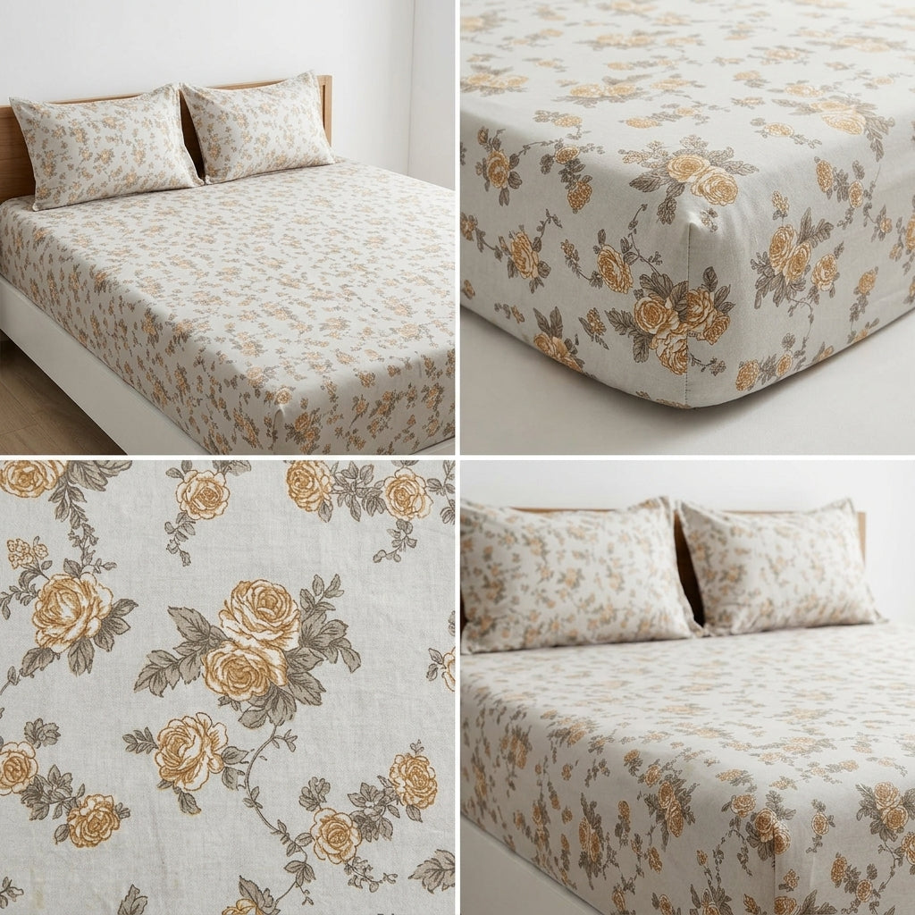 Pure Cotton Printed Fitted Bedsheet Set with 2 Pillow Covers