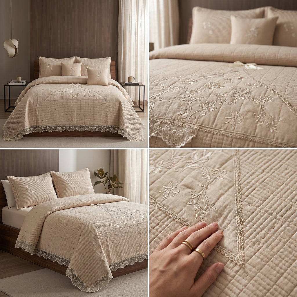 French Designs Inspired 5 PC Embroidered Bedcover