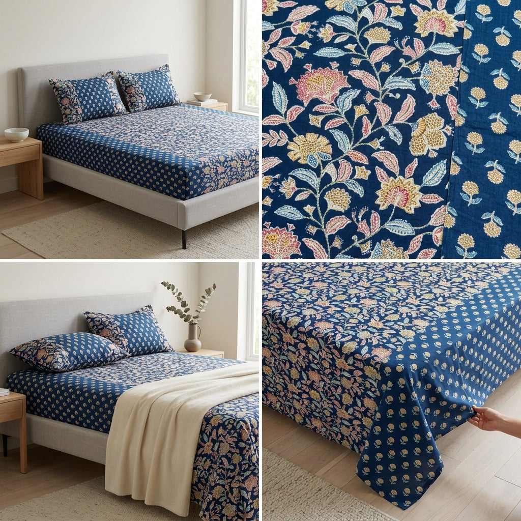 Kolkatta Premium King Size Bedsheet – Dual Motif Prints (108 x 108 inches)
